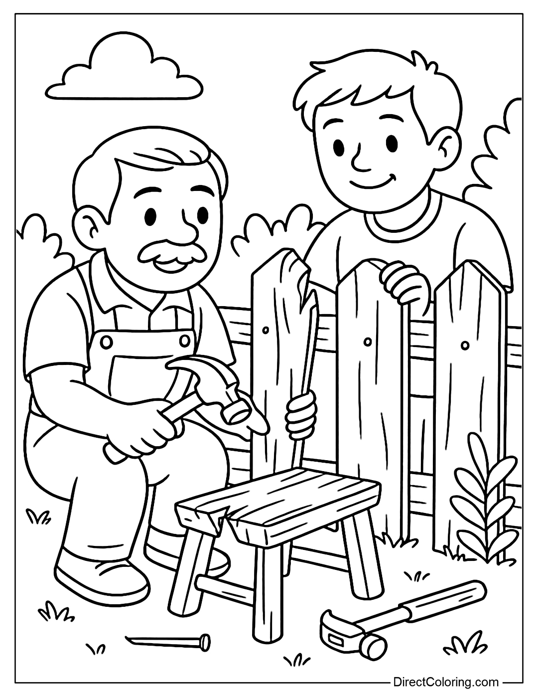 Carpenter Helping Neighbor Fix a Broken Fence Coloring Page.